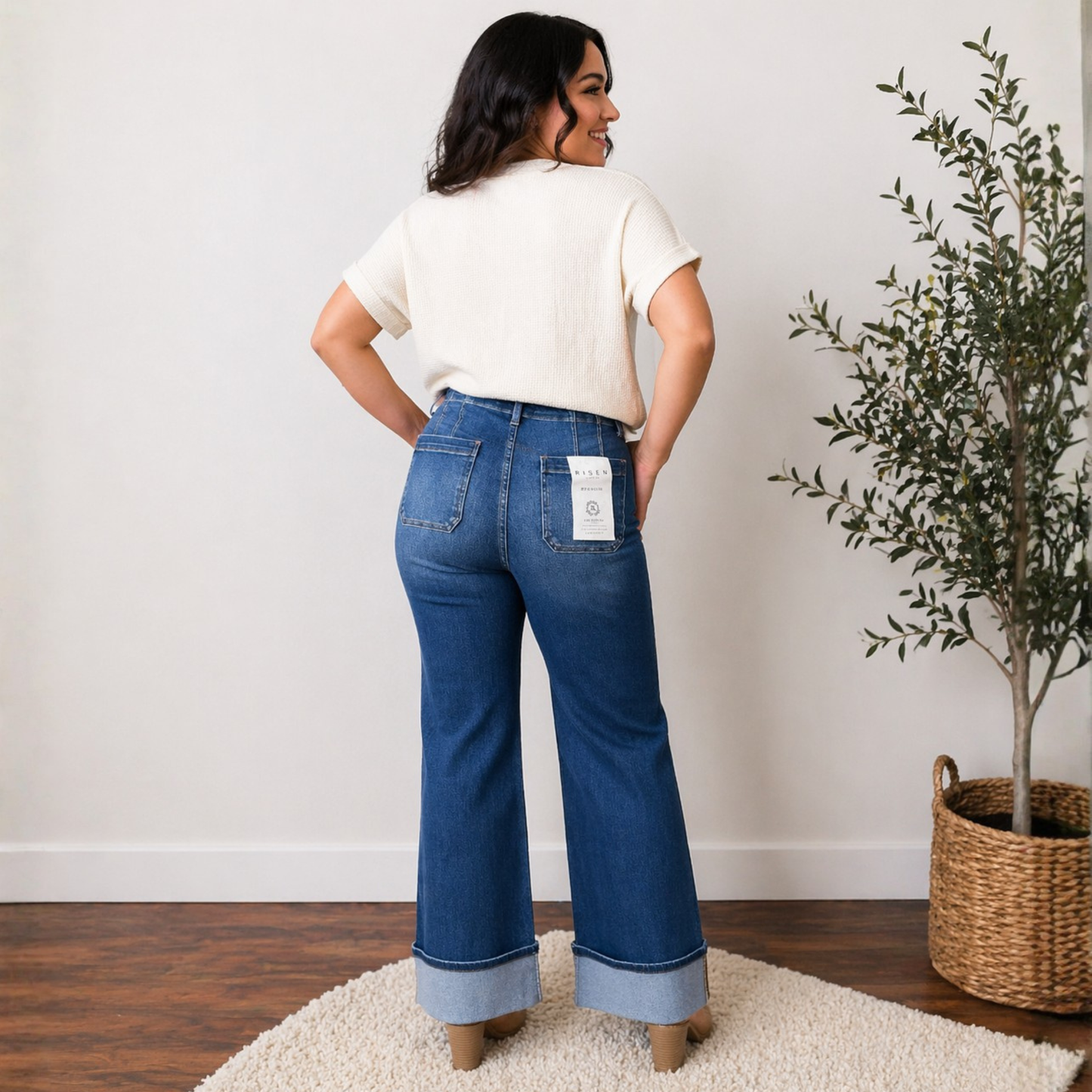 RISEN HIGH RISE ANKLE WIDE BUTTON DOWN FRONT PATCH POCKET CUFFED JEANS - SV Boutique & Co.