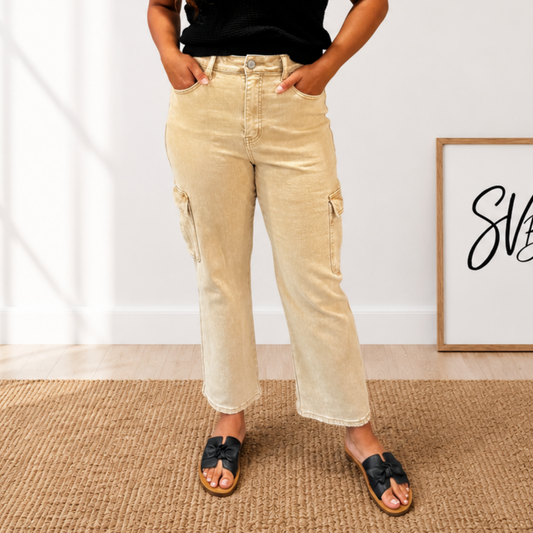 Vervet Khaki High Rise Relaxed Straight Cargo Ankle Jeans - SV Boutique & Co.