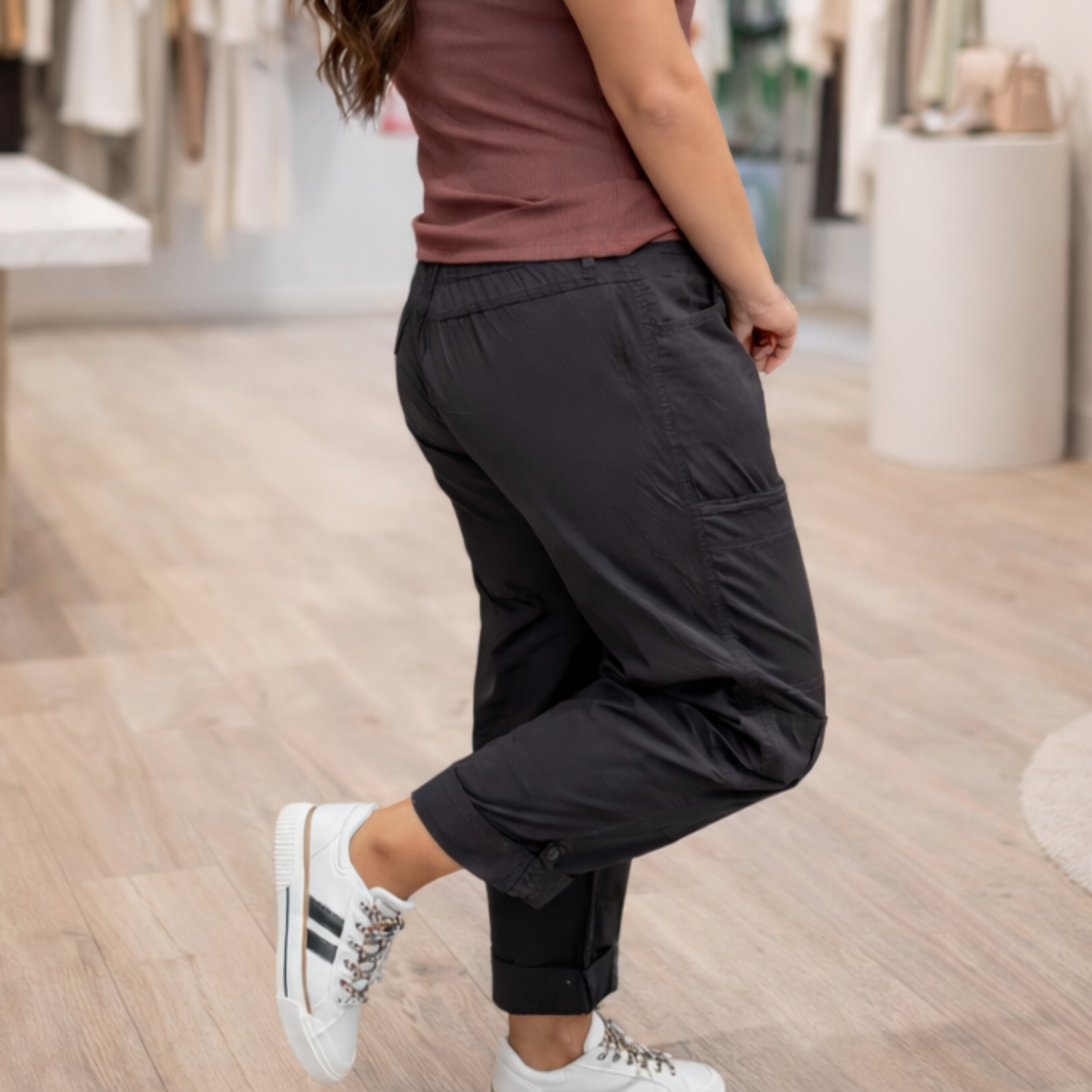 Black Crop Cargo Pants with Roll Tab Hem - SV Boutique & Co.
