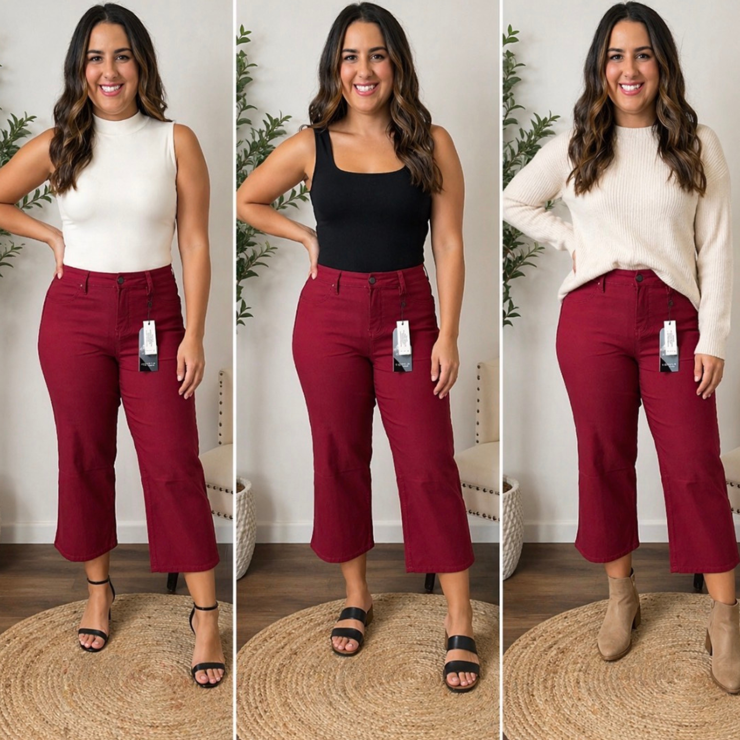 Wine Wide Leg Cropped Pant - SV Boutique & Co.
