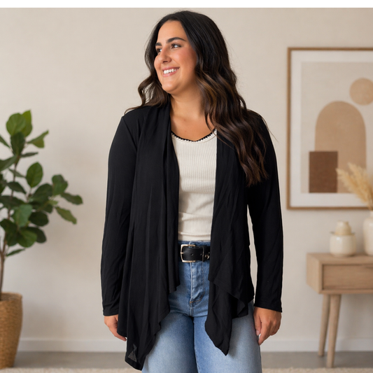 Soft Drape Open Front Black Cardigan - SV Boutique & Co.