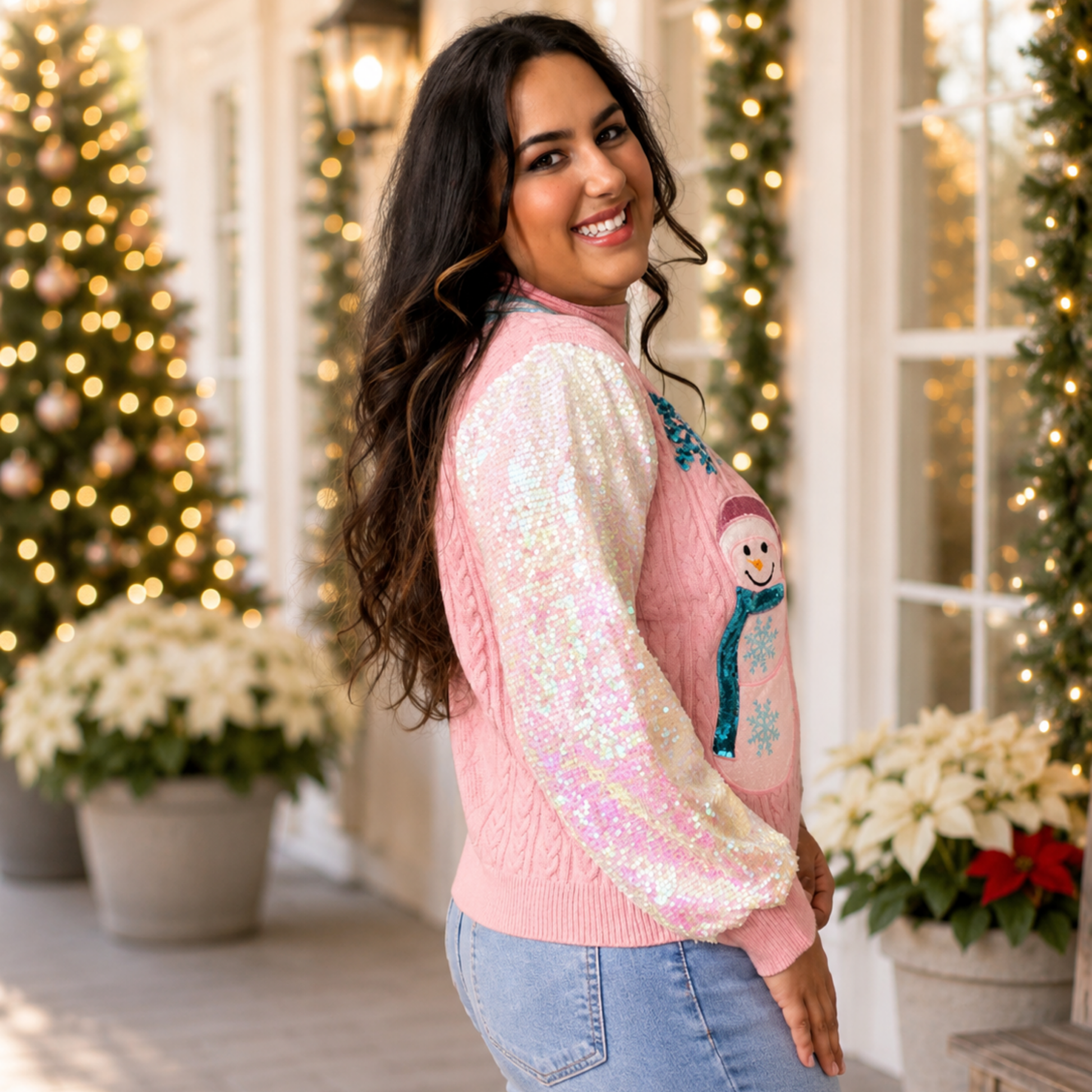 Frosty Snowman Cardigan with Sequin Sleeves Grace + Emma - SV Boutique & Co.