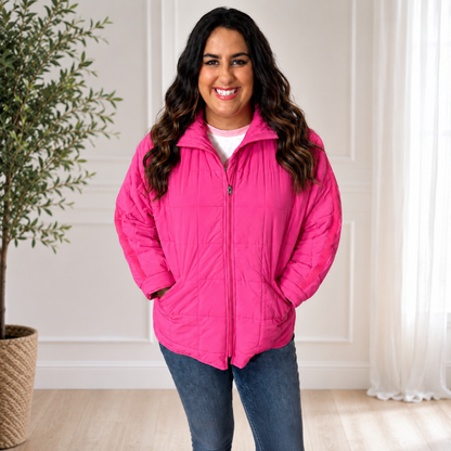 HOT PINK JACKET, LIGHTWEIGHT QUILTED SQUARES - SV Boutique & Co.