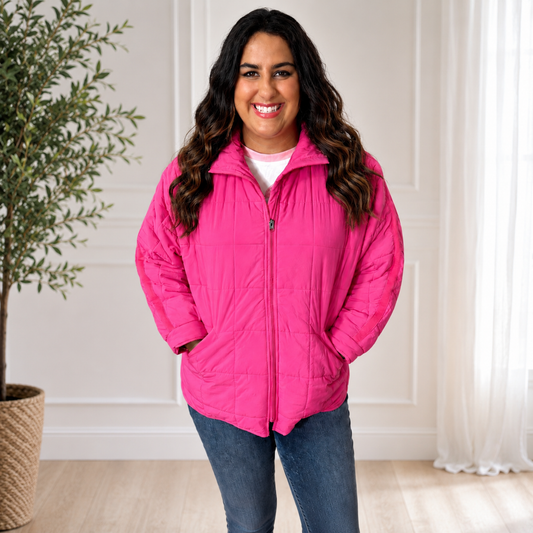 HOT PINK JACKET, LIGHTWEIGHT QUILTED SQUARES - SV Boutique & Co.