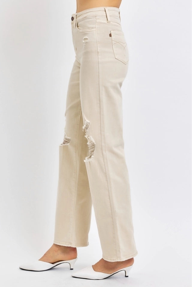 Judy Blue High Rise Beige Garment Dyed Destroy 90's Straight