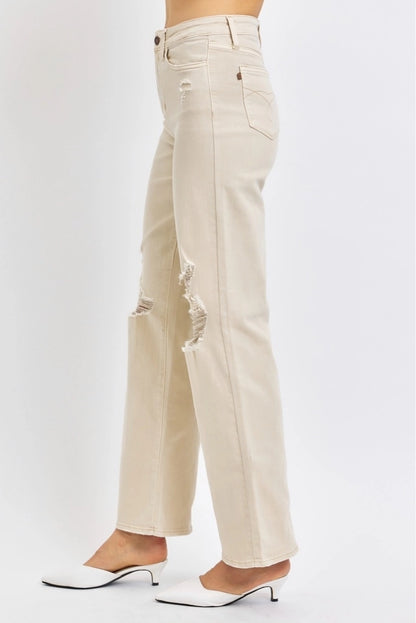 Judy Blue High Rise Beige Garment Dyed Destroy 90's Straight
