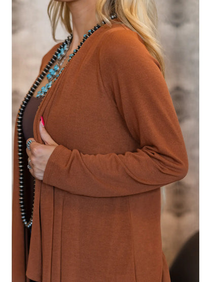 Soft Drape Open Front Rust Cardigan