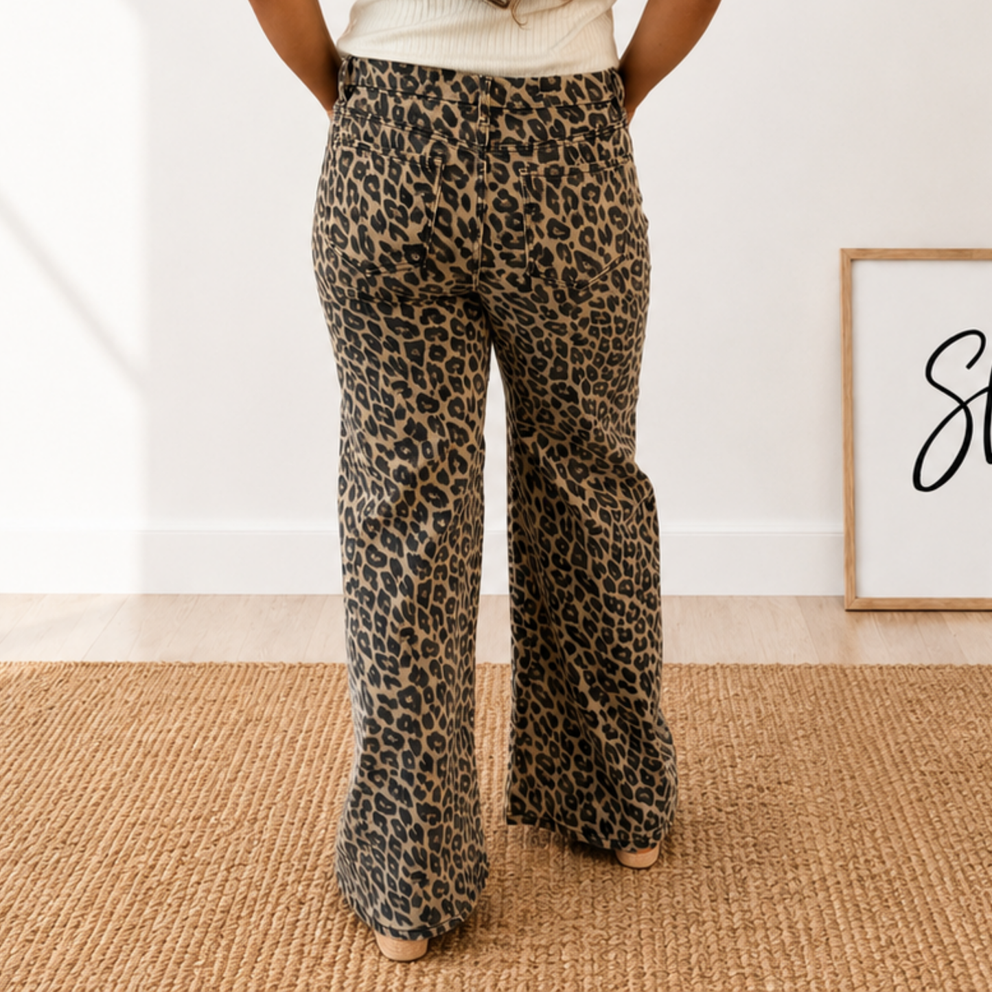 RISEN RUN THE WILD MID RISE WIDE LEG LEOPARD JEANS - SV Boutique & Co.