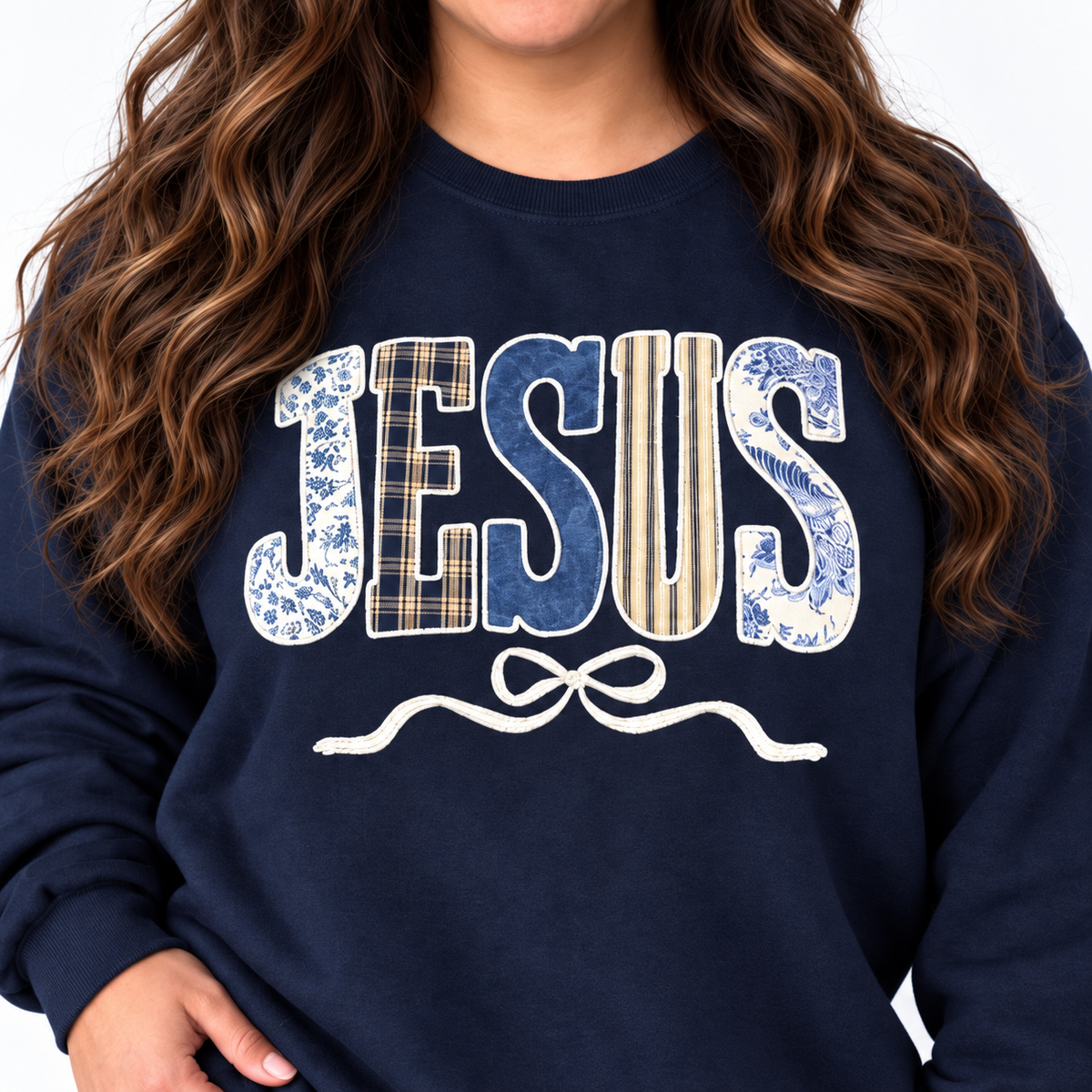 Jesus Patchwork Appliqué Navy Sweatshirt - SV Boutique & Co.