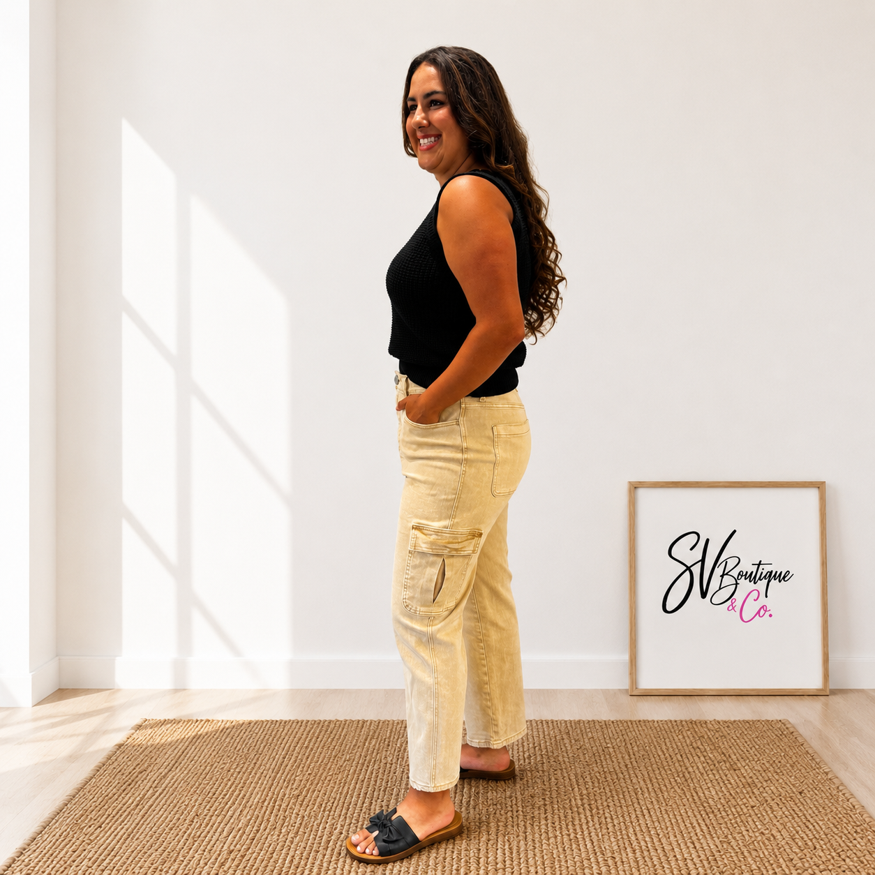 Vervet Khaki High Rise Relaxed Straight Cargo Ankle Jeans - SV Boutique & Co.