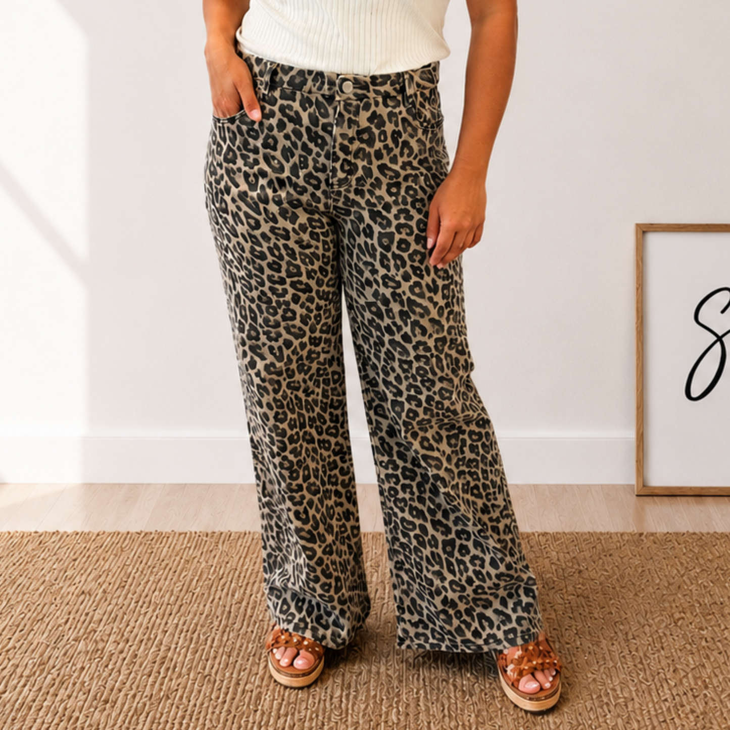 RISEN RUN THE WILD MID RISE WIDE LEG LEOPARD JEANS - SV Boutique & Co.