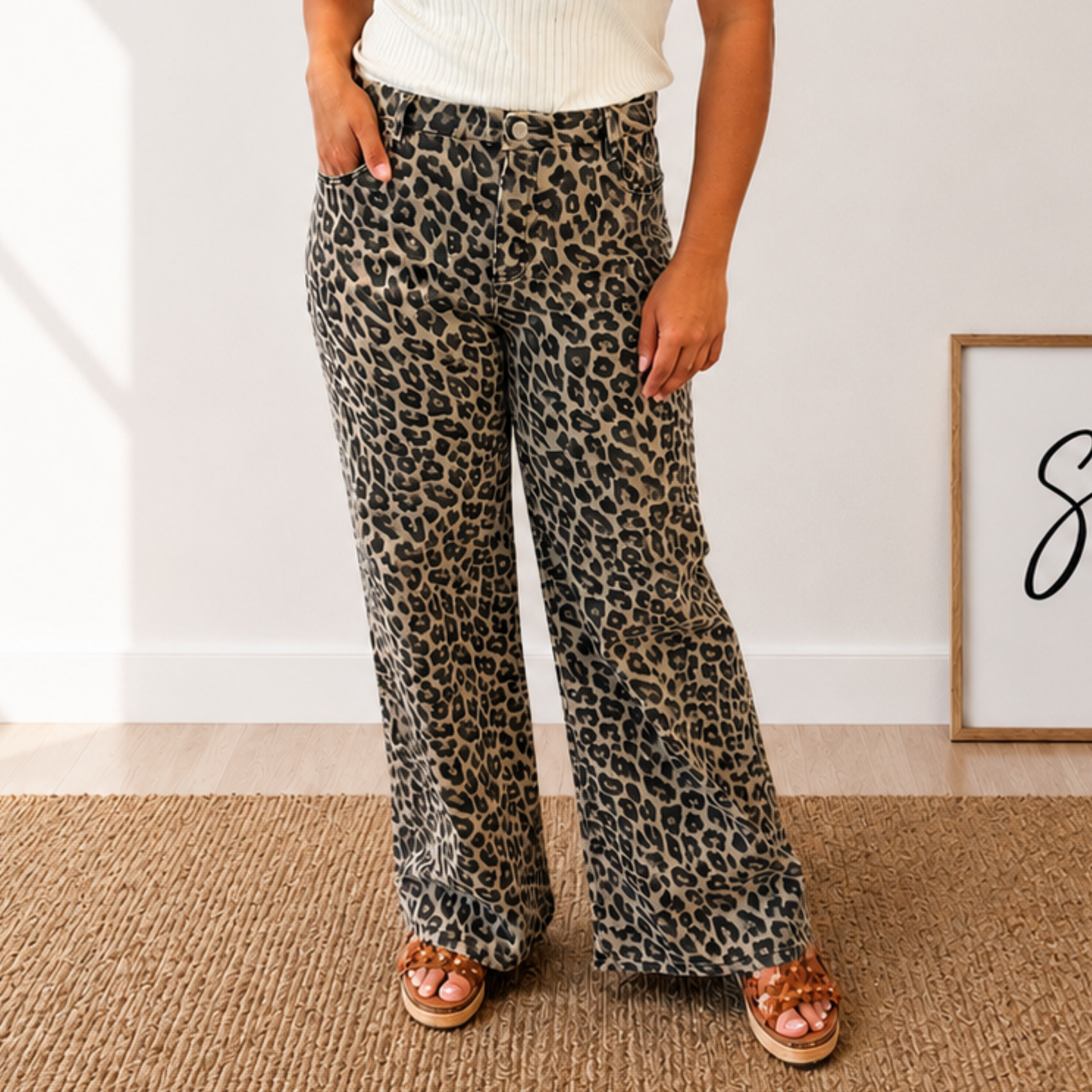 RISEN RUN THE WILD MID RISE WIDE LEG LEOPARD JEANS - SV Boutique & Co.