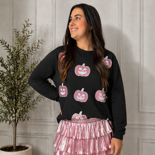 Pumpkin Sequin Long Sleeve Top - SV Boutique & Co.