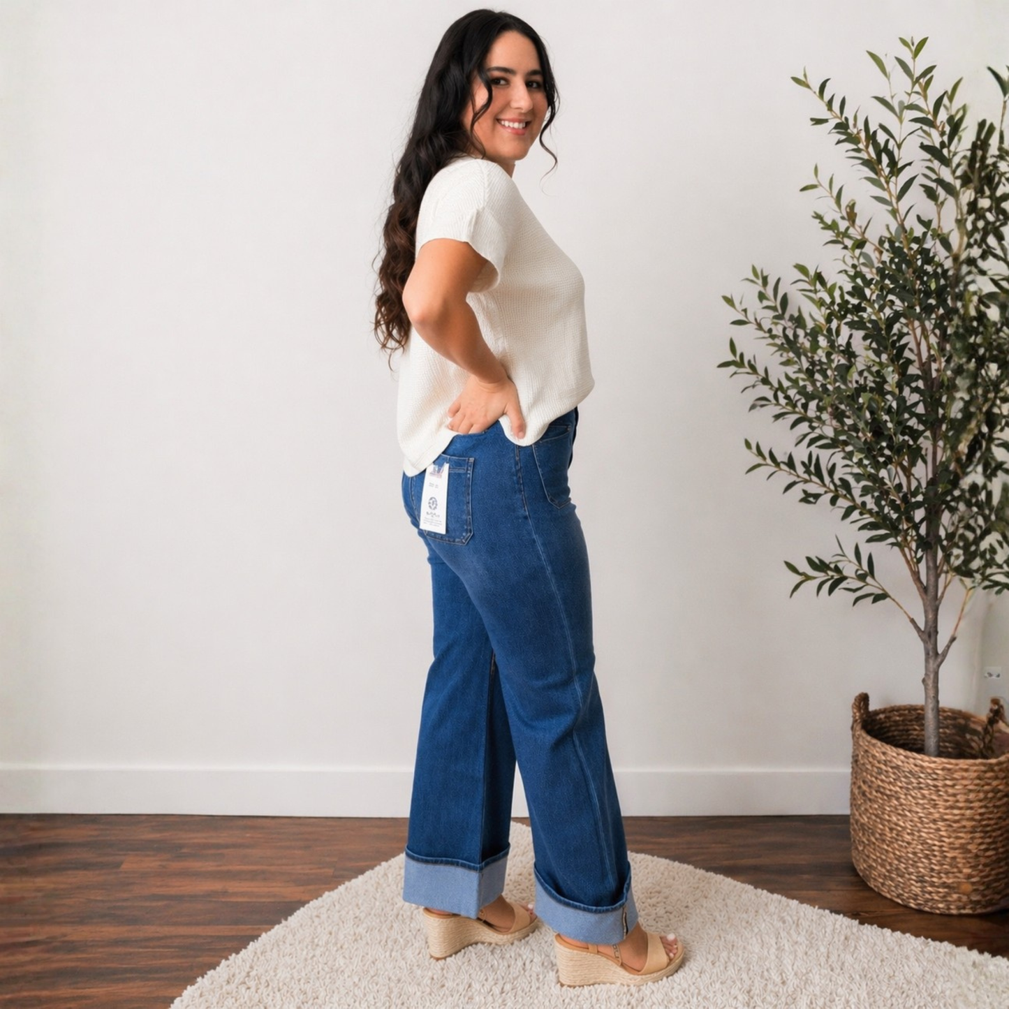 RISEN HIGH RISE ANKLE WIDE BUTTON DOWN FRONT PATCH POCKET CUFFED JEANS - SV Boutique & Co.