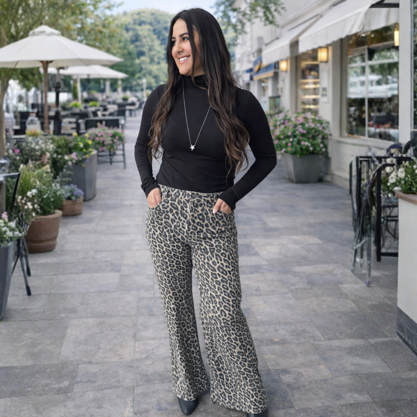 RISEN RUN THE WILD MID RISE WIDE LEG LEOPARD JEANS - SV Boutique & Co.