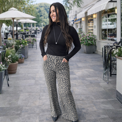 RISEN RUN THE WILD MID RISE WIDE LEG LEOPARD JEANS - SV Boutique & Co.