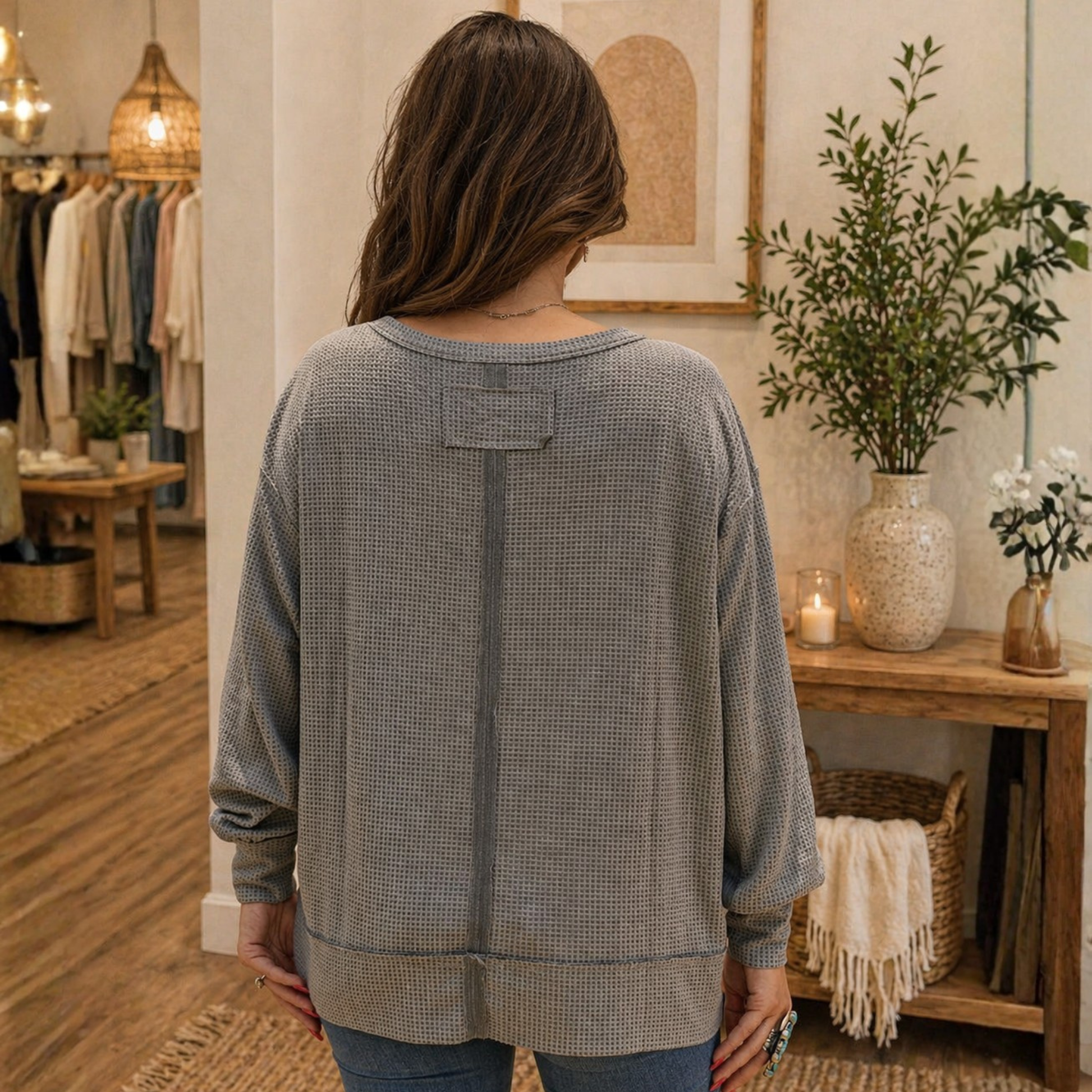 Long Sleeve Cozy Heather Grey Two Toned Thermal Andree By Unit - SV Boutique & Co.