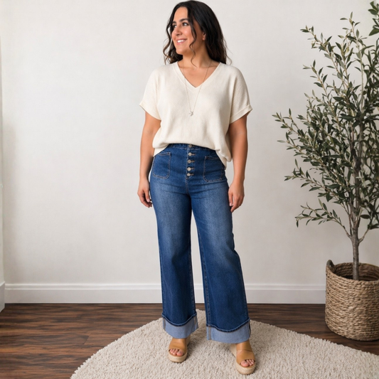 RISEN HIGH RISE ANKLE WIDE BUTTON DOWN FRONT PATCH POCKET CUFFED JEANS - SV Boutique & Co.