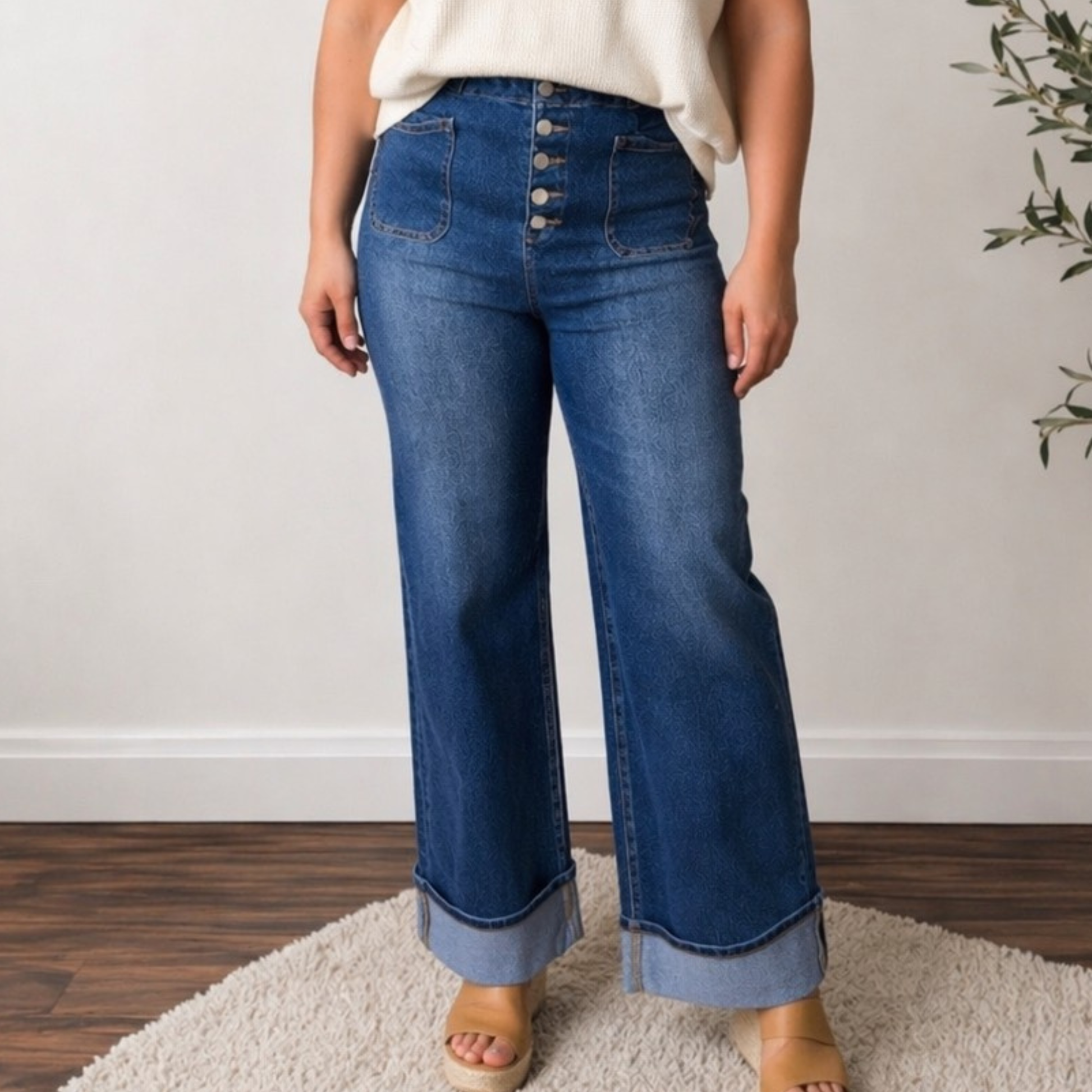 RISEN HIGH RISE ANKLE WIDE BUTTON DOWN FRONT PATCH POCKET CUFFED JEANS - SV Boutique & Co.