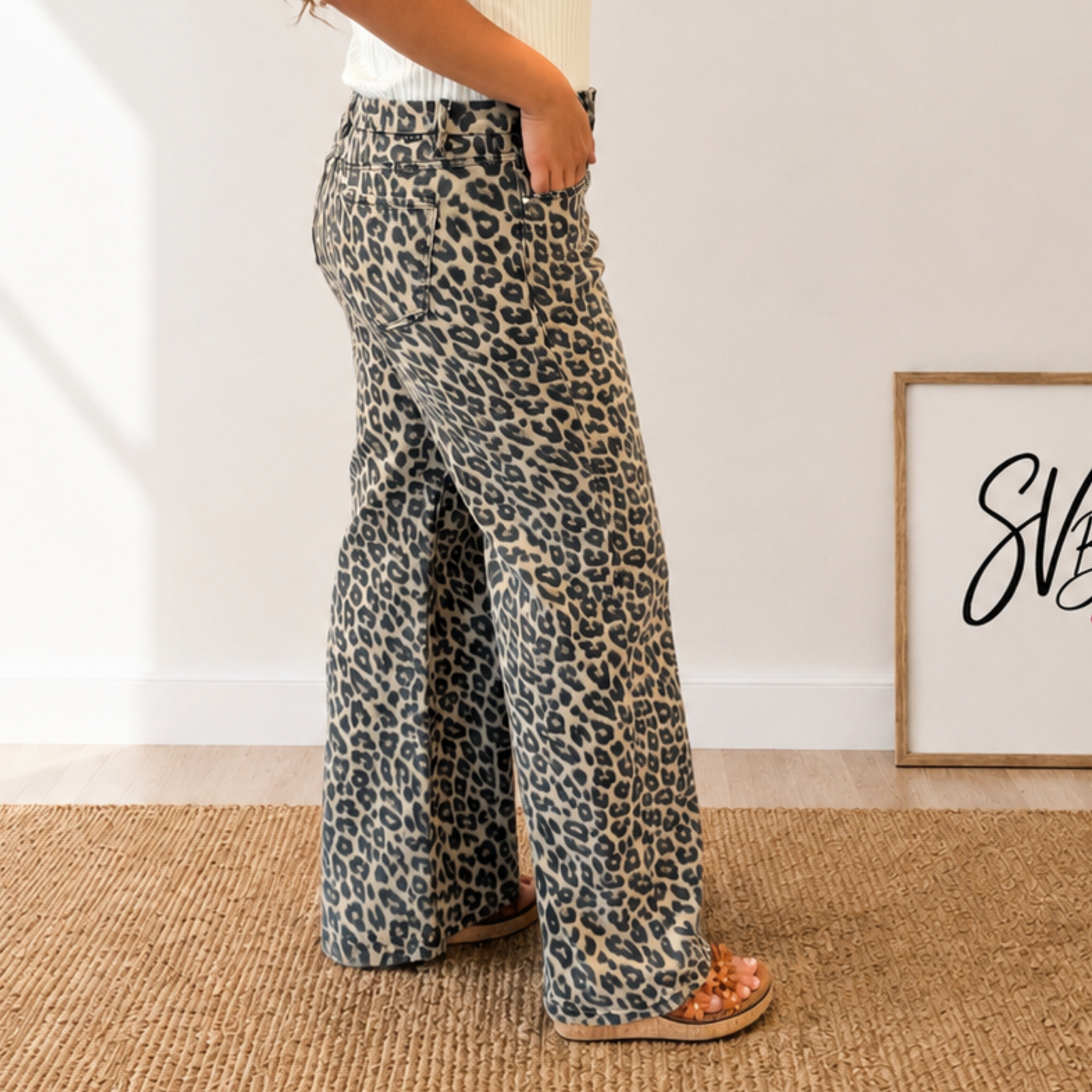 RISEN RUN THE WILD MID RISE WIDE LEG LEOPARD JEANS - SV Boutique & Co.
