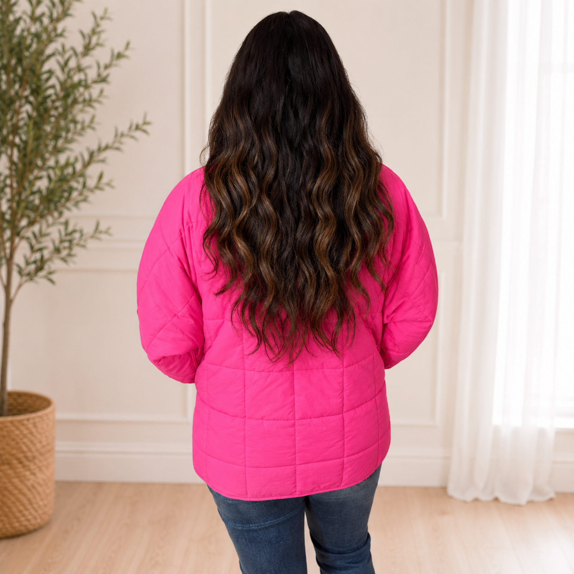 HOT PINK JACKET, LIGHTWEIGHT QUILTED SQUARES - SV Boutique & Co.