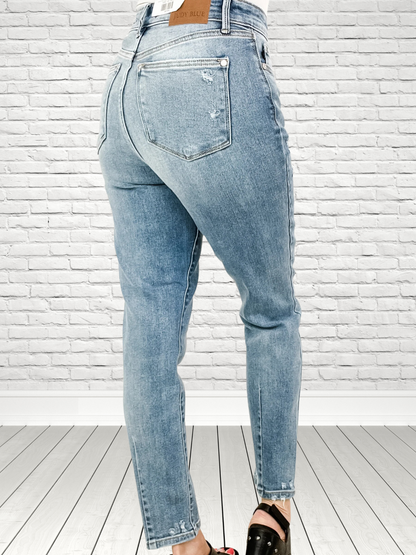 Judy Blue "Rebel" Hi-Waist Destroy & Back Hem Dart Slim Denim Jeans