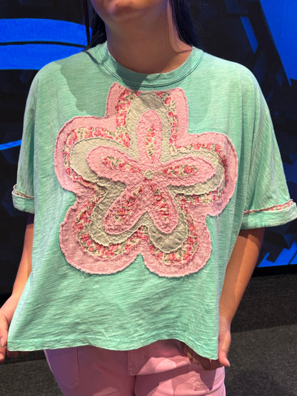ATLANTIS GREEN FLOWER PATCH WASHED COTTON SLUB TOP EASEL - SV Boutique & Co.