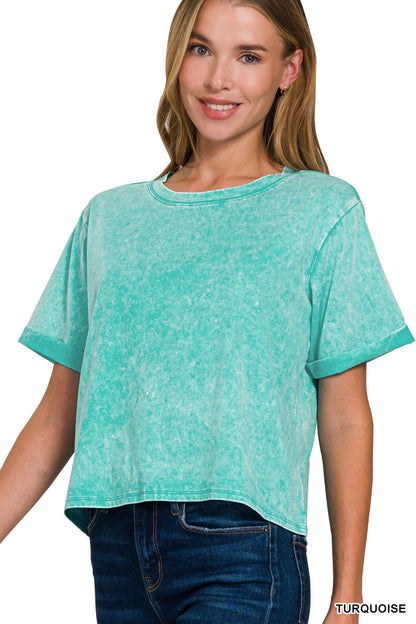 COOL TIDE ACID WASH ROLL-CUFF SHORT SLEEVE CROP TOP - SV Boutique & Co.