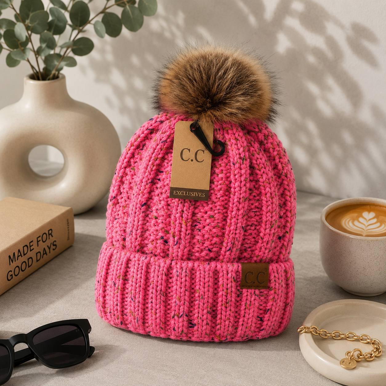 CC Fuzzy Lined Flecked Fur Pom Beanie