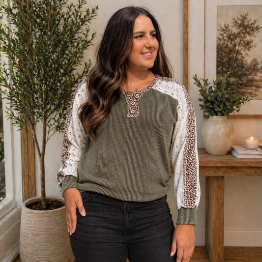Long Sleeve Olive Leopard Half Button Pullover FINAL SALE - SV Boutique & Co.