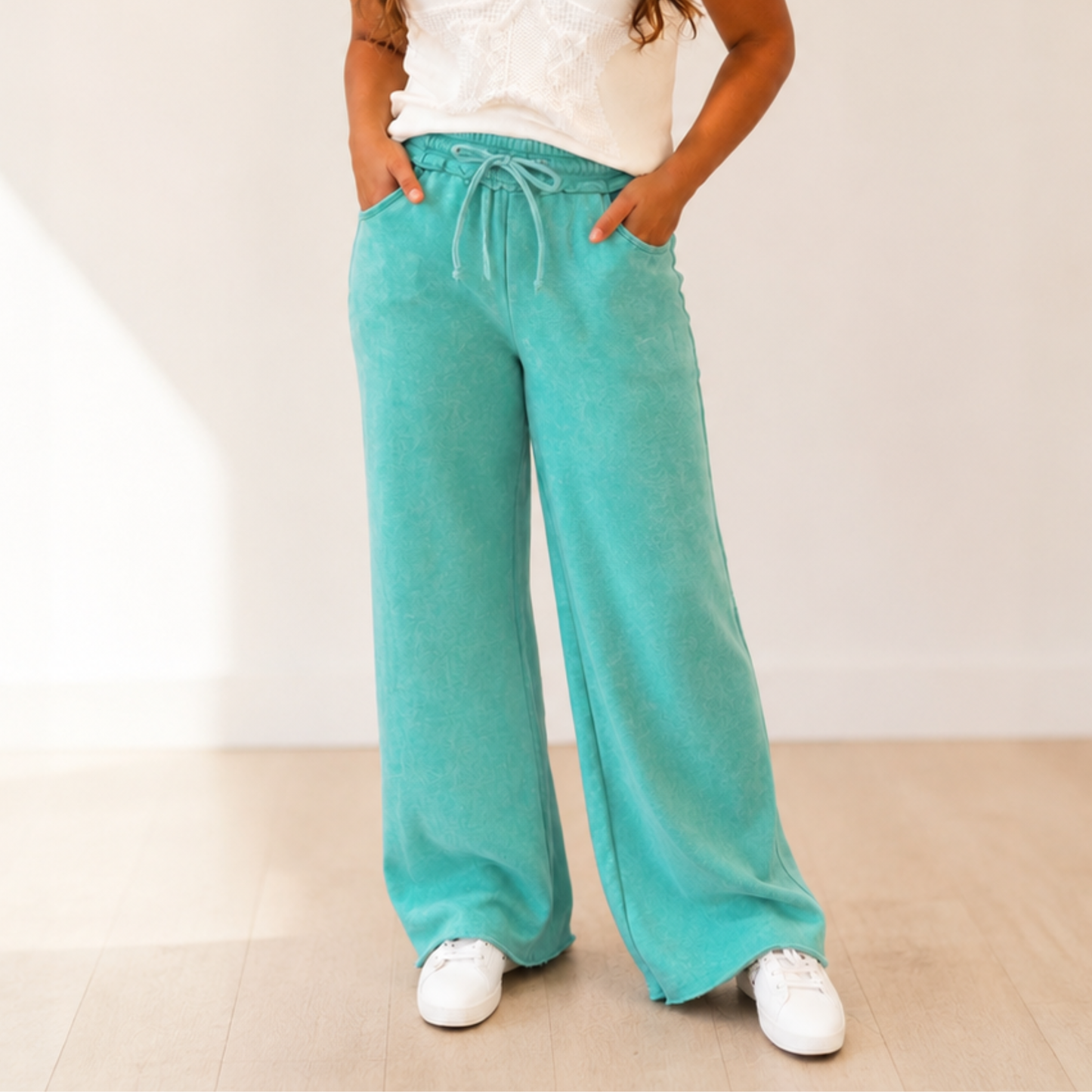 COOL TIDE ACID WASH FLEECE PALAZZO SWEATPANTS WITH POCKETS FINAL SALE