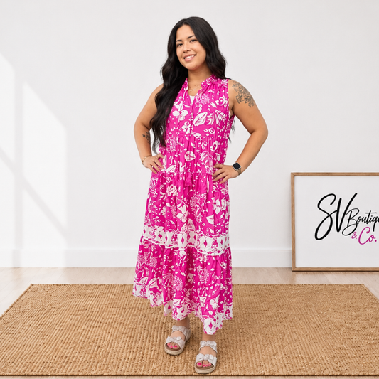 Boho Blossom Sleeveless Tassel Midi Dress FINAL SALE