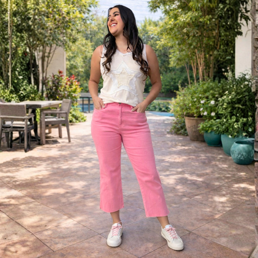 JUDY BLUE PINK PUNCH HIGH RISE TUMMY CONTROL WIDE LEG CROP JEAN - SV Boutique & Co.