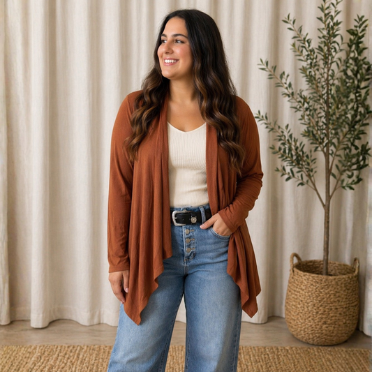 Soft Drape Open Front Rust Cardigan - SV Boutique & Co.