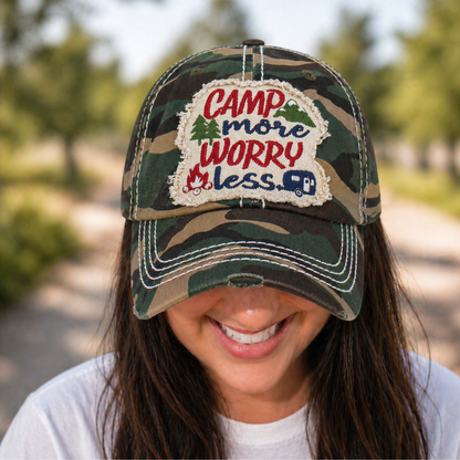 Camp More Worry Less Distressed Baseball Cap - SV Boutique & Co.