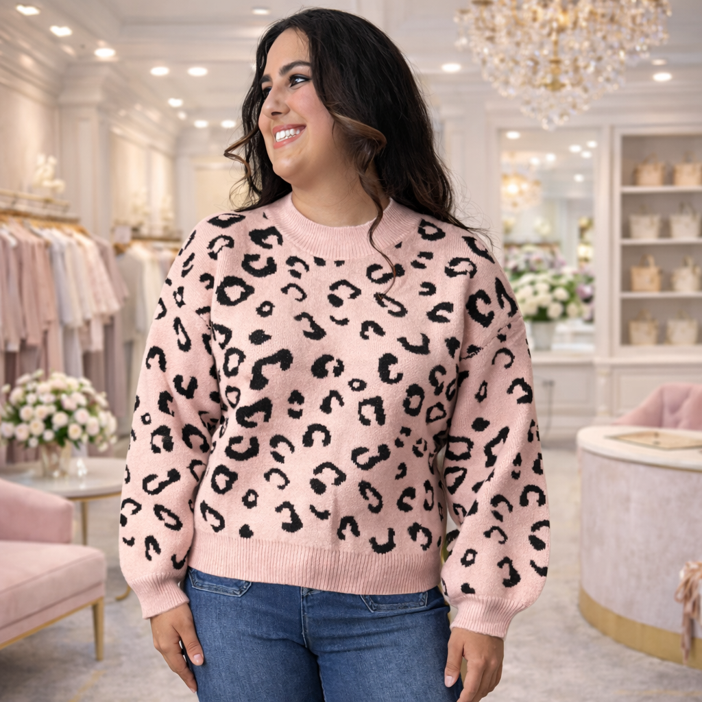 Pink Leopard Print Knit Sweater White Birch - SV Boutique & Co.