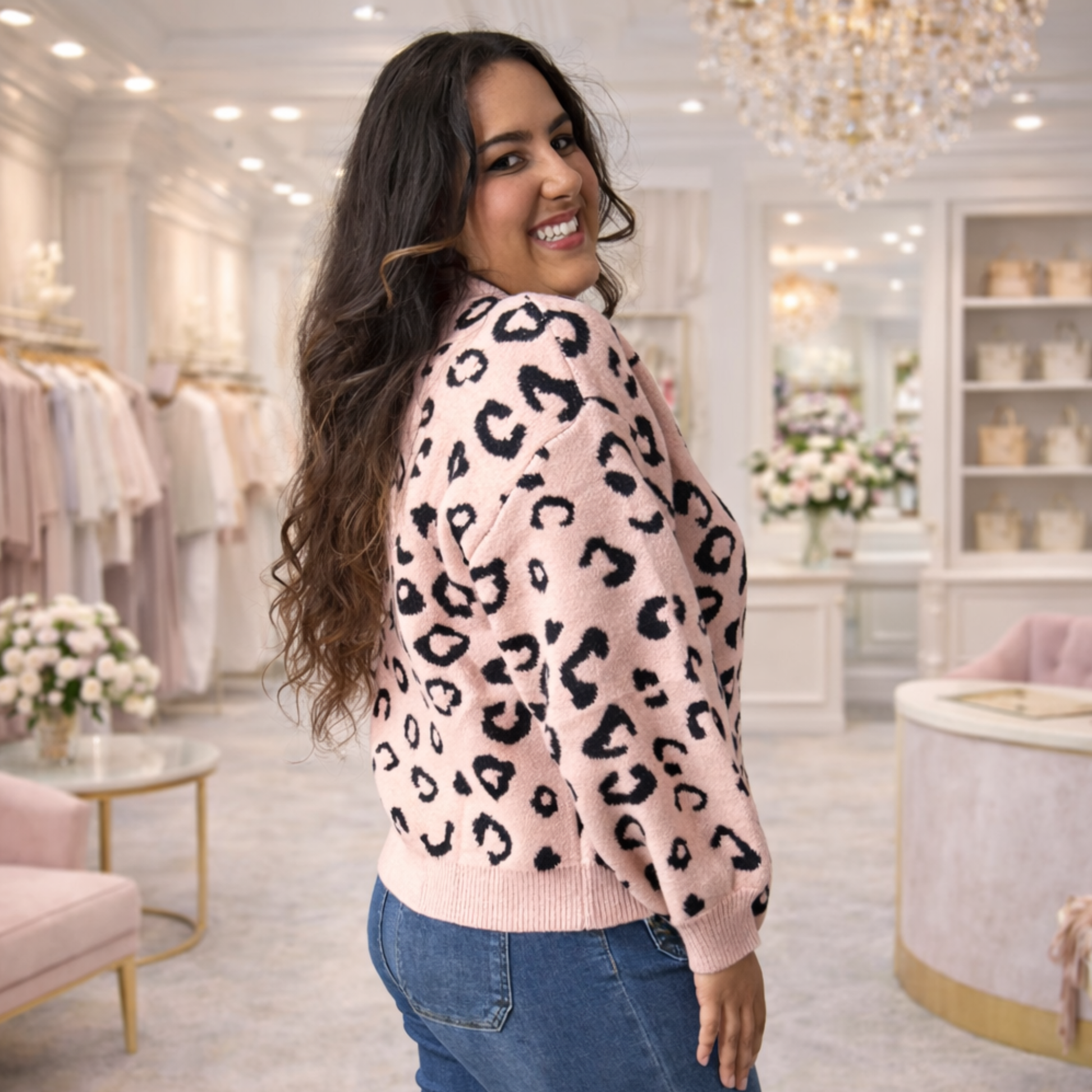 Pink Leopard Print Knit Sweater White Birch - SV Boutique & Co.
