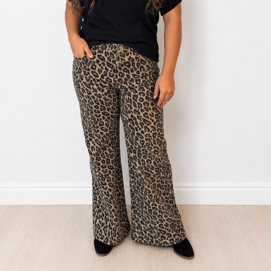 RISEN RUN THE WILD MID RISE WIDE LEG LEOPARD JEANS