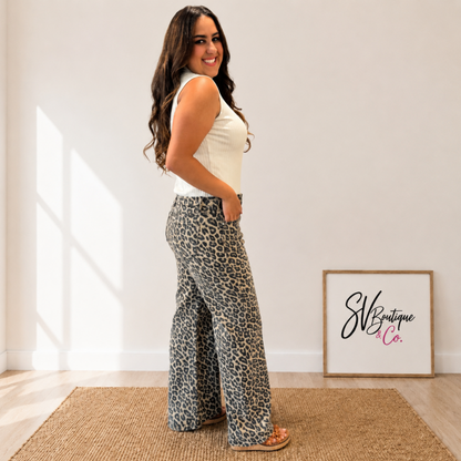 RISEN RUN THE WILD MID RISE WIDE LEG LEOPARD JEANS - SV Boutique & Co.