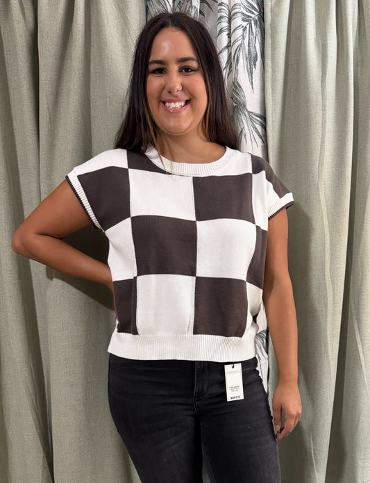 Cozy Checkered Short Sleeve Knit Top