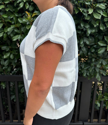 Cozy Checkered Short Sleeve Knit Top