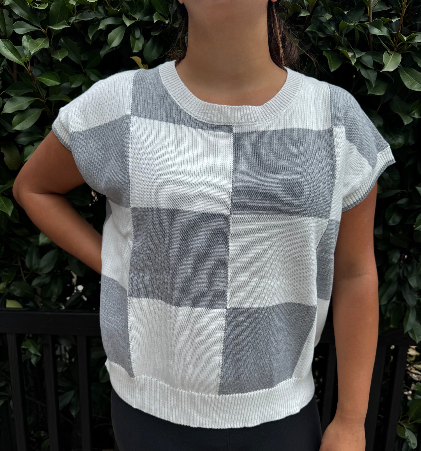 Cozy Checkered Short Sleeve Knit Top