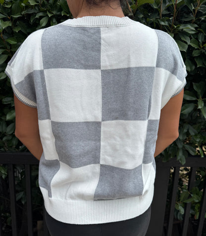 Cozy Checkered Short Sleeve Knit Top