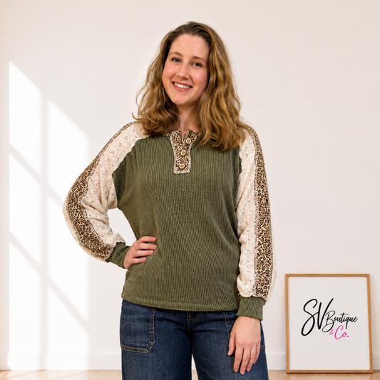 Long Sleeve Olive Leopard Half Button Pullover FINAL SALE - SV Boutique & Co.