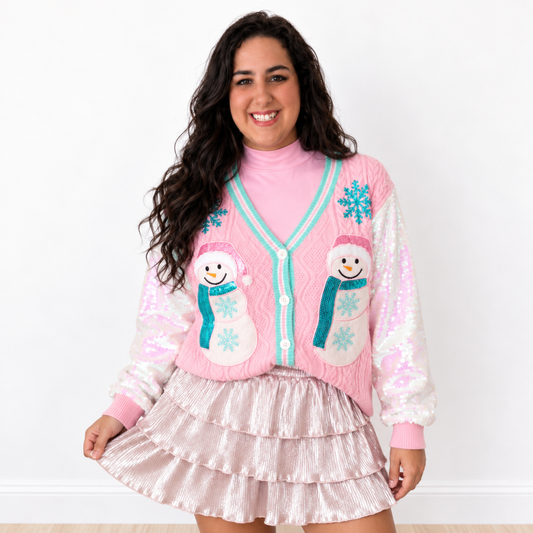 Frosty Snowman Cardigan with Sequin Sleeves Grace + Emma - SV Boutique & Co.