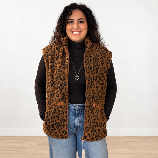 Leopard Sherpa Reversible Zip Vest - SV Boutique & Co.