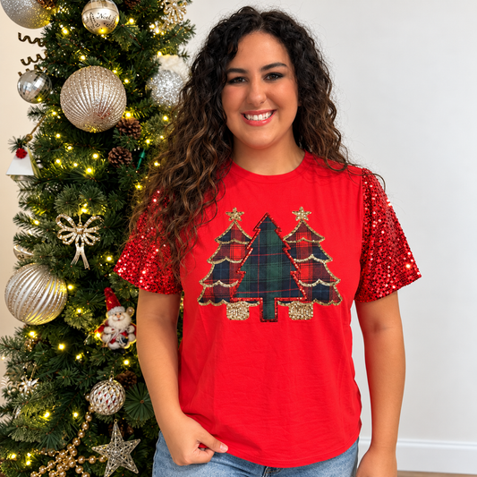 Christmas Plaid Forest Sequin Top-Grace + Emma - SV Boutique & Co.