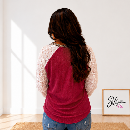 Long Sleeve On The Edge Half Button Burgundy Pullover FINAL SALE - SV Boutique & Co.