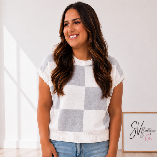 Gray Cozy Checkered Short Sleeve Knit Top - SV Boutique & Co.