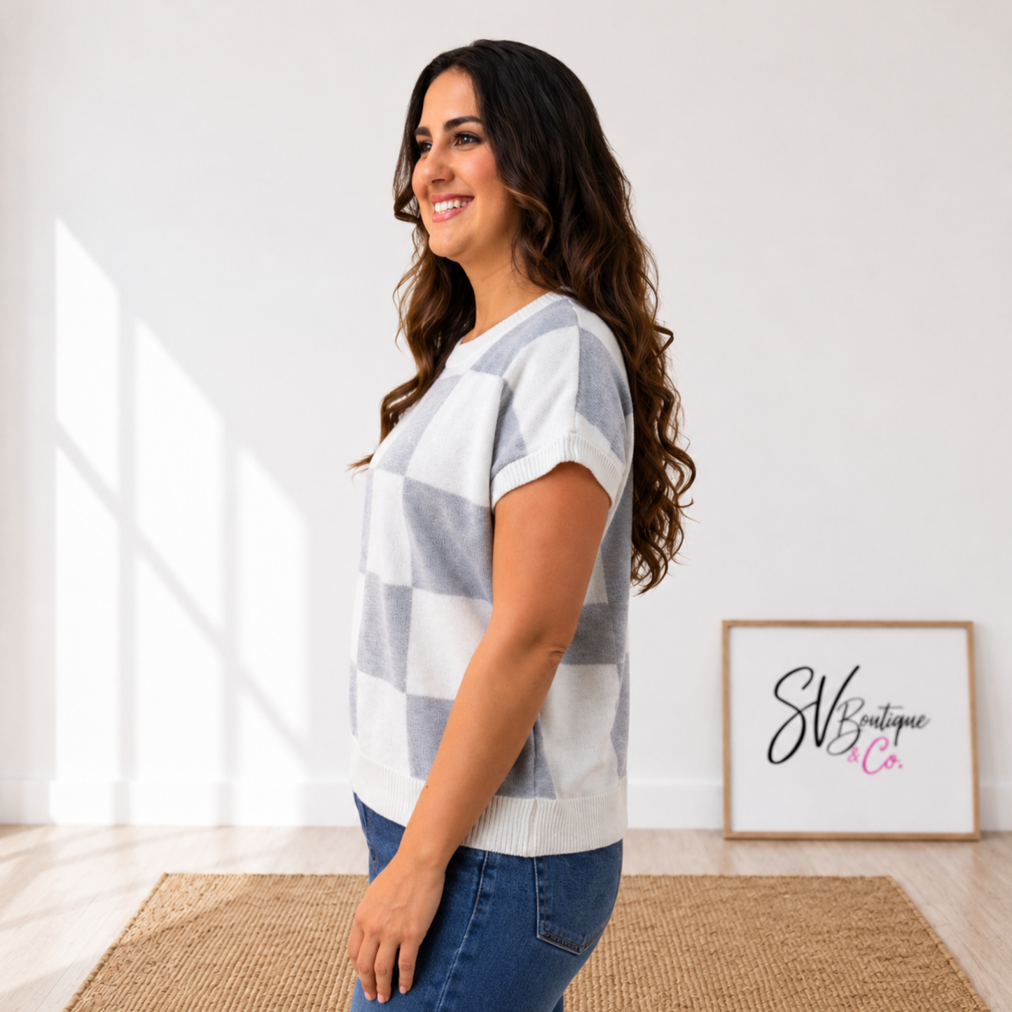 Gray Cozy Checkered Short Sleeve Knit Top - SV Boutique & Co.